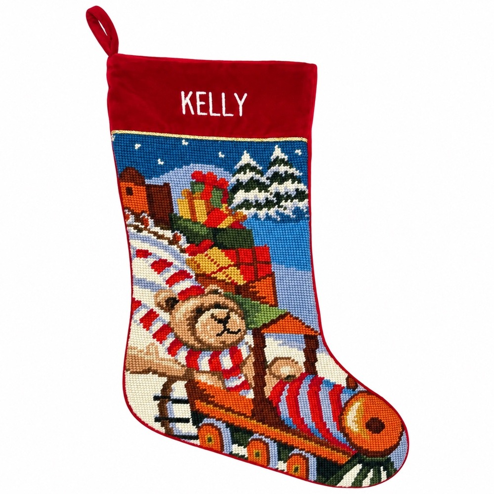 JCPenney Needlepoint Christmas Stocking Kelly Train Teddy Bear Velvet 17"